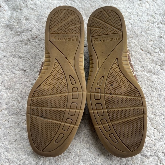 Sperry: Tan Suede, Textle Giraffe Print Metallic Gold Leather Boat Shoes Size 9M - Picture 5 of 9